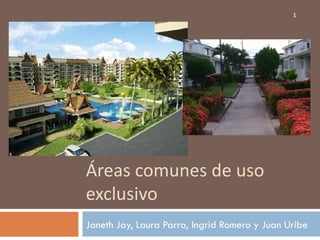 1




Áreas comunes de uso
exclusivo
Janeth Jay, Laura Parra, Ingrid Romero y Juan Uribe
 