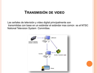TRANSMISIÓN DE VIDEO
Las señales de televisión y video digital principalmente son
transmitidas con base en un estándar el estándar mas común es el NTSC
National Television System Committee.
 