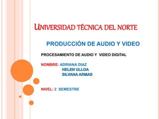 UNIVERSIDAD TÉCNICA DEL NORTE
PRODUCCIÓN DE AUDIO Y VIDEO
PROCESAMIENTO DE AUDIO Y VIDEO DIGITAL
NOMBRE: ADRIANA DIAZ
NIVEL: 2 SEMESTRE
 