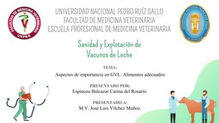 TEMA:
Aspectos de importancia en GVL: Alimentos adecuados
PRESENTADO POR:
Espinoza Balcazar Carina del Rosario
PRESENTADO A:
M.V. José Luis Vílchez Muñoz.
UNIVERSIDAD NACIONAL PEDRO RUÍZ GALLO
FACULTAD DE MEDICINA VETERINARIA
ESCUELA PROFESIONAL DE MEDICINA VETERINARIA
Sanidad y Explotación de
Vacunos de Leche
 