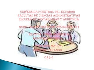 UNIVERSIDAD CENTRAL DEL ECUADOR
FACULTAD DE CIENCIAS ADMINISTRATIVAS
 ESCUELA DE CONTABILIDAD Y AUDITORIA

AUDITORIA DE SISTEMAS INFORMÁTICOS I

      REVISTA TERRA INCÓGNITA
        AUDITORIA INTERNA

         STEFANÍA MACÍAS
        CRISTINA SARANGO

               CA9-6
 