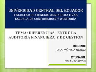 UNIVERSIDAD CENTRAL DEL ECUADOR
  FACULTAD DE CIENCIAS ADMINISTRATIVAS
   ESCUELA DE CONTABILIDAD Y AUDITORÍA



   TEMA: DIFERENCIAS ENTRE LA
AUDITORÍA FINANCIERA Y DE GESTIÓN

                                    DOCENTE:
                          DRA. MÓNICA NOBOA

                                  ESTUDIANTE:
                              BRYAN TORRES U
 