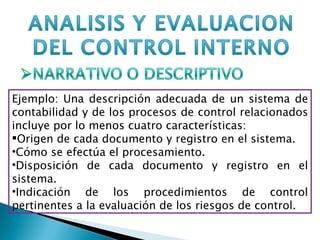 Ejemplo: Una descripción adecuada de un sistema de contabilidad y de los procesos de control relacionados incluye por lo menos cuatro características: Origen de cada documento y registro en el sistema. Cómo se efectúa el procesamiento. Disposición de cada documento y registro en el sistema. Indicación de los procedimientos de control pertinentes a la evaluación de los riesgos de control. 