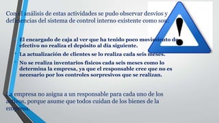 Con el análisis de estas actividades se pudo observar desvíos y
deficiencias del sistema de control interno existente como son:
• El encargado de caja al ver que ha tenido poco movimiento de
efectivo no realiza el depósito al día siguiente.
• La actualización de clientes se lo realiza cada seis meses.
• No se realiza inventarios físicos cada seis meses como lo
determina la empresa, ya que el responsable cree que no es
necesario por los controles sorpresivos que se realizan.
La empresa no asigna a un responsable para cada uno de los
activos, porque asume que todos cuidan de los bienes de la
empresa.
 