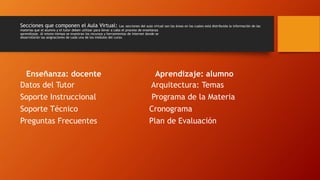 Secciones que componen el Aula Virtual: Las secciones del aula virtual son las áreas en las cuales está distribuida la información de las 
materias que el alumno y el tutor deben utilizar para llevar a cabo el proceso de enseñanza 
aprendizaje. Al mismo tiempo se muestran los recursos y herramientas de Internet donde se 
desarrollarán las asignaciones de cada una de los módulos del curso. 
Enseñanza: docente 
Datos del Tutor 
Soporte Instruccional 
Soporte Técnico 
Preguntas Frecuentes 
Aprendizaje: alumno 
Arquitectura: Temas 
Programa de la Materia 
Cronograma 
Plan de Evaluación 
 