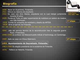 1898 Nace en Kuartone, Finlandia
1921 Obtuvo su diploma de arquitecto.
1922 Se casó con Aino Marsio, arquitecta con la cual trabajó juntamente
durante 25 años.
1929 Funda en Turku un taller experimental de mobiliario en tablero de madera
con Otto Korhonen .
1935 Funda la compañía de mobiliario y diseño de ARTEK.
1939 Sirve al ejercito de Finlandia.
2da etapa
1ra etapa
Biografía
Sillón Paimio -
Alvar Aalto - 1929
1944 Jefe del servicio técnico de la reconstrucción tras la segunda guerra
Ruso –Finlandesa.
1946-1948 es profesor del Massachusetts Intitute of technology, en Cambridge.
1949 Aalto se casa con Elissa Makiniemi.
1952 Ayuntamiento de Saynatsalo. Finlandia.
1963-1968 Es elegido presidente de la academia de Finlandia.
1976 Fallece en Helsinki, Finlandia
 
