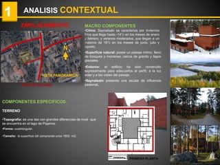 ANALISIS CONTEXTUAL
COMPONENTES ESPECIFICOS.
TERRENO
•Topografía: es una isla con grandes diferencias de nivel que
se encuentra en el lago de Pajanne.
MACRO COMPONENTES
•Clima: Saynatsalo se caracteriza por inviernos
fríos que llega hasta -14°c en los meses de enero
y febrero; y veranos moderados, que llegan a un
máximo de 16°c en los meses de junio, julio y
agosto.
EMPLAZAMIENTO
1
N
VISTA PANORAMICA
Vías de acceso
•Superficie natural: posee un paisaje intimo, lleno
de bosques y morrenas, cerros de granito y lagos
glaciales.
•Entorno: el edificio ha sido construido
expresamente para adecuarlos al perfil, a la luz
solar y a las vistas del paisaje.
•Saynatsalo presenta una escala de influencia
peatonal.
•Forma: cuadrangular.
PRIMERA PLANTA
•Tamaño: la superficie útil comprende unos 1800 m2.
 