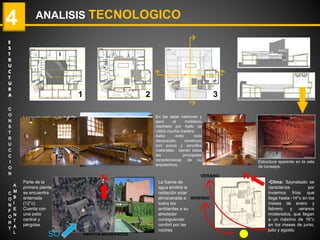 N
ANALISIS TECNOLOGICO4
1
La construcción es de ladrillo
rojo deslucido, madera,
cobre y otros materiales
naturales.
El patio interior forma una
superficie en altura levantada
con la tierra que quedo de las
excavaciones para los
cimientos.
C
O
N
F
O
R
T
A
M
B
I
E
N
T
A
L
E
S
T
R
U
C
T
U
R
A
C
O
N
S
T
R
U
C
C
I
O
N
Estructura aparente en la sala
de consejos.
2 3
En las salas interiores y
para el mobiliario
diseñado por Aalto se
utilizo mucha madera.
Aalto evito toda
decoración, construyo
con pocos y sencillos
materiales siendo estas
las principales
características de su
arquitectura.
VERANO
INVIERNO
•Clima: Saynatsalo se
caracteriza por
inviernos fríos que
llega hasta -14°c en los
meses de enero y
febrero; y veranos
moderados, que llegan
a un máximo de 16°c
en los meses de junio,
julio y agosto.
Parte de la
primera planta
se encuentra
enterrada
(12°c)
Cuenta con
una patio
central y
pérgolas .
La fuente de
agua emitirá la
radiación solar
almacenada a
todos los
ambientes a su
alrededor
consiguiendo
confort por las
noches
N
VIENTOS MODERADOSSO
1 2 3
 