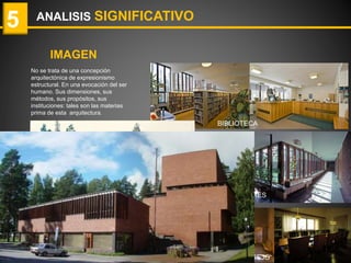 ANALISIS SIGNIFICATIVO5
IMAGEN
BIBLIOTECA
CORREDORES
SALA DE CONSEJO
No se trata de una concepción
arquitectónica de expresionismo
estructural. En una evocación del ser
humano. Sus dimensiones, sus
métodos, sus propósitos, sus
instituciones: tales son las materias
prima de esta arquitectura.
 