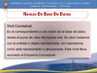 Niveles De Base De Datos Nivel Conceptual. Es el correspondiente a una visión de la base de datos desde el punto de visto del mundo real. Es decir tratamos con la entidad u objeto representado, sin importarnos como está representado o almacenado. Este nivel lleva asociado el Esquema Conceptual. 