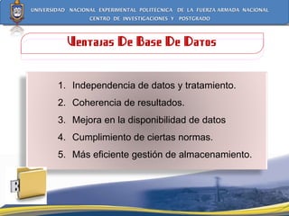 Ventajas De Base De Datos Independencia de datos y tratamiento.  Coherencia de resultados.  Mejora en la disponibilidad de datos Cumplimiento de ciertas normas.  Más eficiente gestión de almacenamiento.  