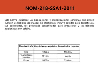 NOM-218-SSA1-2011
Esta norma establece las disposiciones y especificaciones sanitarias que deben
cumplir las bebidas saborizadas no alcohólicas (incluye bebidas para deportistas),
sus congelados, los productos concentrados para prepararlas y las bebidas
adicionadas con cafeína.
Materia extraña Con derivados vegetales Sin derivados vegetales
Pelo 1/100 g 1/250 mL
Fragmentos de
Insectos
20/100 g exento
Fibras 5/100 g 5/100 mL
 