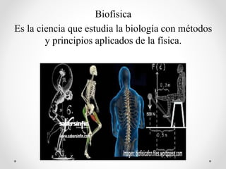 Biofísica
Es la ciencia que estudia la biología con métodos
y principios aplicados de la física.
 