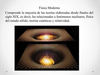 Física Moderna
Comprende la mayoría de las teorías elaboradas desde finales del
siglo XIX, es decir, las relacionadas a fenómenos nucleares, física
del estado sólido, teorías cuánticas y relatividad.
 