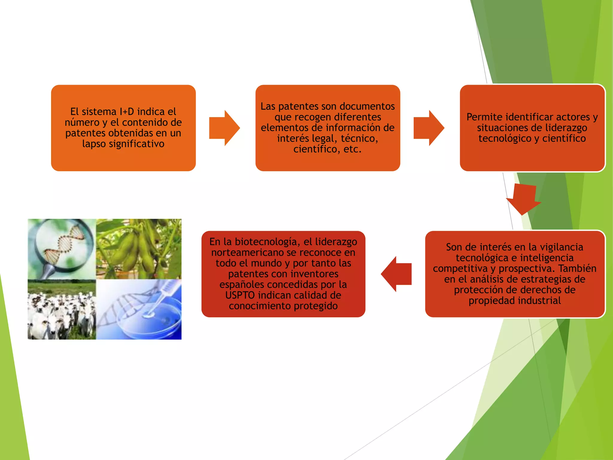 El sistema I+D indica el
número y el contenido de
patentes obtenidas en un
lapso significativo
Las patentes son documentos
que recogen diferentes
elementos de información de
interés legal, técnico,
científico, etc.
Permite identificar actores y
situaciones de liderazgo
tecnológico y científico
Son de interés en la vigilancia
tecnológica e inteligencia
competitiva y prospectiva. También
en el análisis de estrategias de
protección de derechos de
propiedad industrial
En la biotecnología, el liderazgo
norteamericano se reconoce en
todo el mundo y por tanto las
patentes con inventores
españoles concedidas por la
USPTO indican calidad de
conocimiento protegido
 