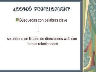 ¿COMÓ FUNCIONAN?

       Búsquedas con palabras clave



se obtiene un listado de direcciones web con
             temas relacionados.
 