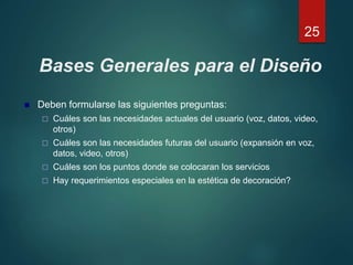 Bases Generales para el Diseño
 Deben formularse las siguientes preguntas:
 Cuáles son las necesidades actuales del usuario (voz, datos, video,
otros)
 Cuáles son las necesidades futuras del usuario (expansión en voz,
datos, video, otros)
 Cuáles son los puntos donde se colocaran los servicios
 Hay requerimientos especiales en la estética de decoración?
25
 