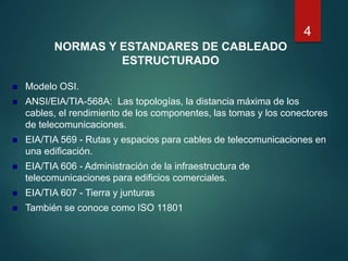 NORMAS Y ESTANDARES DE CABLEADO
ESTRUCTURADO
 Modelo OSI.
 ANSI/EIA/TIA-568A: Las topologías, la distancia máxima de los
cables, el rendimiento de los componentes, las tomas y los conectores
de telecomunicaciones.
 EIA/TIA 569 - Rutas y espacios para cables de telecomunicaciones en
una edificación.
 EIA/TIA 606 - Administración de la infraestructura de
telecomunicaciones para edificios comerciales.
 EIA/TIA 607 - Tierra y junturas
 También se conoce como ISO 11801
4
 