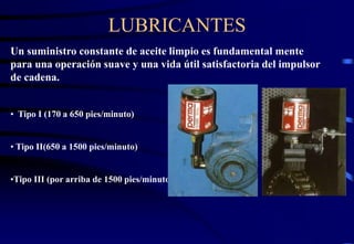 LUBRICANTES 
Un suministro constante de aceite limpio es fundamental mente 
para una operación suave y una vida útil satisfactoria del impulsor 
de cadena. 
• Tipo I (170 a 650 pies/minuto) 
• Tipo II(650 a 1500 pies/minuto) 
•Tipo III (por arriba de 1500 pies/minuto) 
 