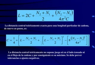   
N N N  
N 
2 1 2 1 
2 4 
L C 2 
C 
2 
 
 
 
  
La distancia central teóricamente exacta para una longitud particular de cadena, 
de nuevo en pasos, es: 
  
 
 
 
 
 
 
 
 
 
 
 
  
  
N N N N 
 
 
 
 
  
  
 
 
 
1 
   2 
2 
2 1 
2 
2 1 2 1 
4 
8 
4 2 2 
 
L 
N N 
C L 
La distancia central teóricamente no supone juego ni en el lado tensado ni 
en el flojo de la cadena y por consiguiente es su máximo. Se debe prever 
tolerancias o ajustes negativos. 
 