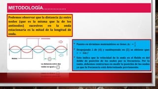 METODOLOGÍA……………
Podemos observar que la distancia ∆𝑥 entre
nodos (que es la misma que la de los
antinodos) sucesivos en la onda
estacionaria es la mitad de la longitud de
onda.
• Puesto en términos matemáticos se tiene: 𝚫𝑥 =
𝝀
𝟐
• Despejando 𝜆 de (4) y sustituyendo en (2) se obtiene que:
𝑣 = 𝟐𝚫𝑥𝑓
• Esto indica que la velocidad de la onda en el fluido es del
doble de posición de los nodos por la frecuencia. Por lo
tanto, debemos centrarnos en medir la posición de los nodos
ya que la frecuencia está determinada previamente.
 