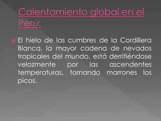    El hielo de las cumbres de la Cordillera
    Blanca, la mayor cadena de nevados
    tropicales del mundo, está derritiéndose
    velozmente      por  las   ascendentes
    temperaturas, tornando marrones los
    picos.
 