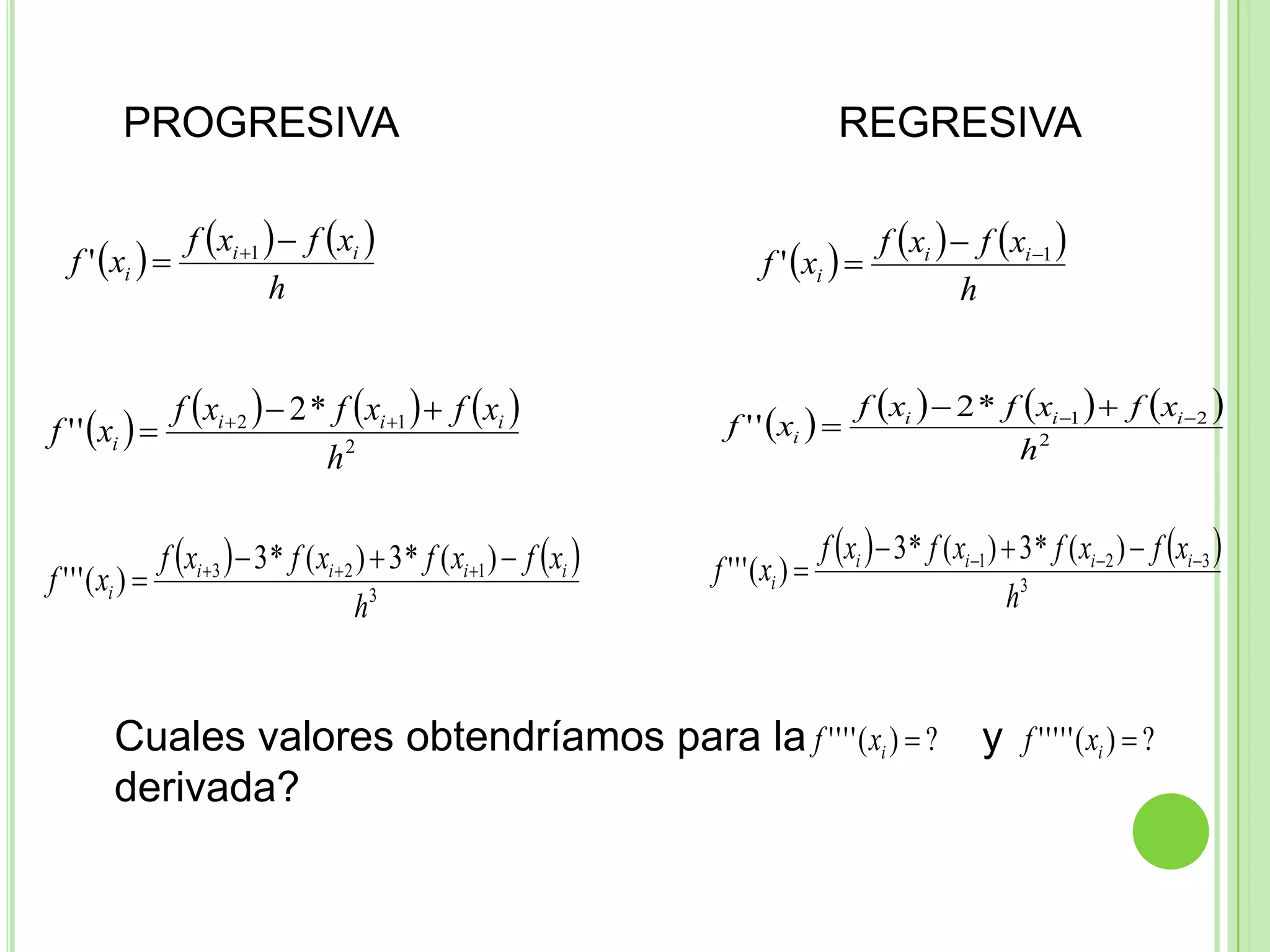     PROGRESIVA				REGRESIVA	Cuales valores obtendríamos para la               y                derivada? 