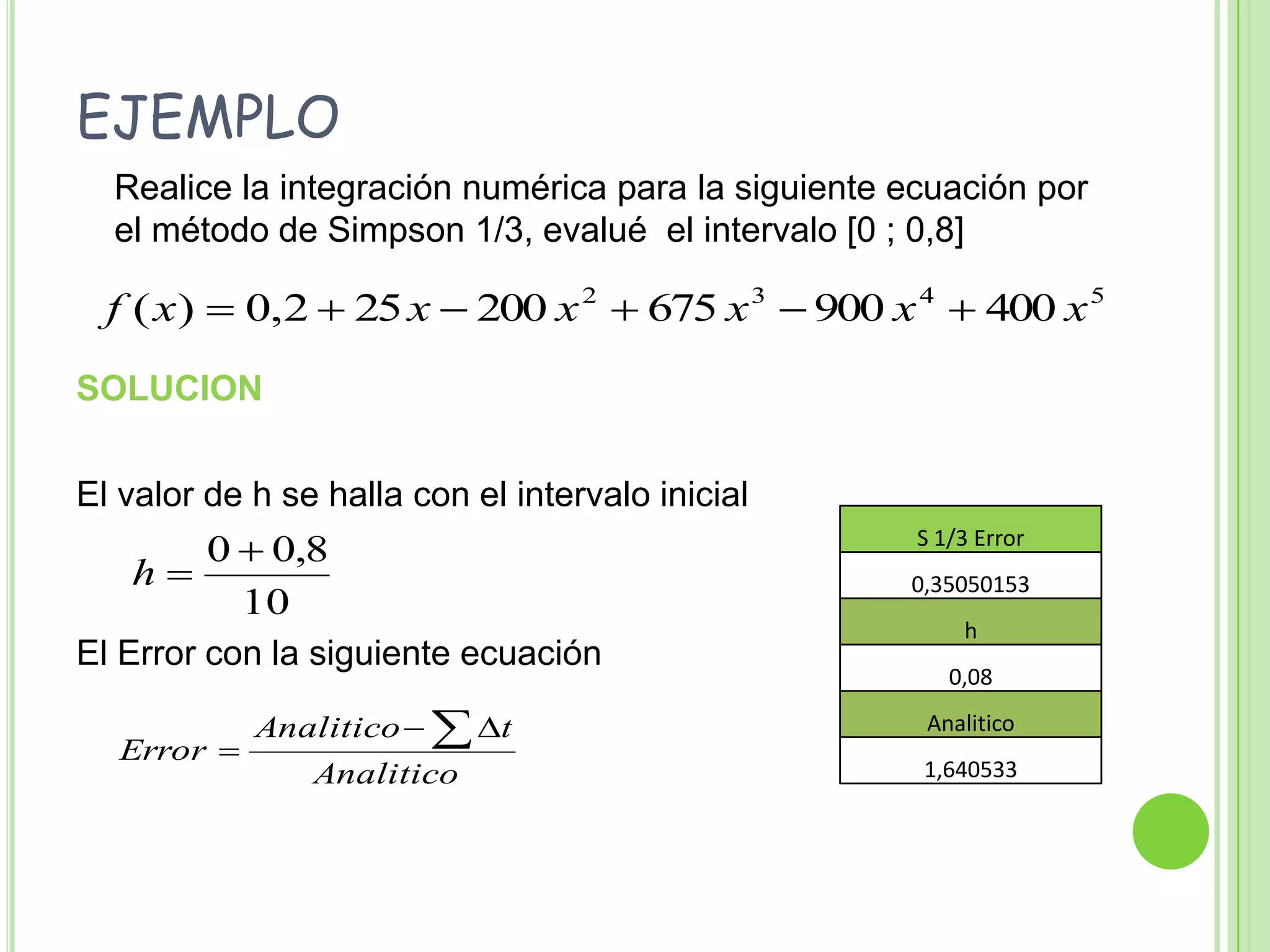 EJEMPLO	Realice la integración numérica para la siguiente ecuación por el método de Simpson 1/3, evalué  el intervalo [0 ; 0,8]SOLUCIONEl valor de h se halla con el intervalo inicialEl Error con la siguiente ecuación 