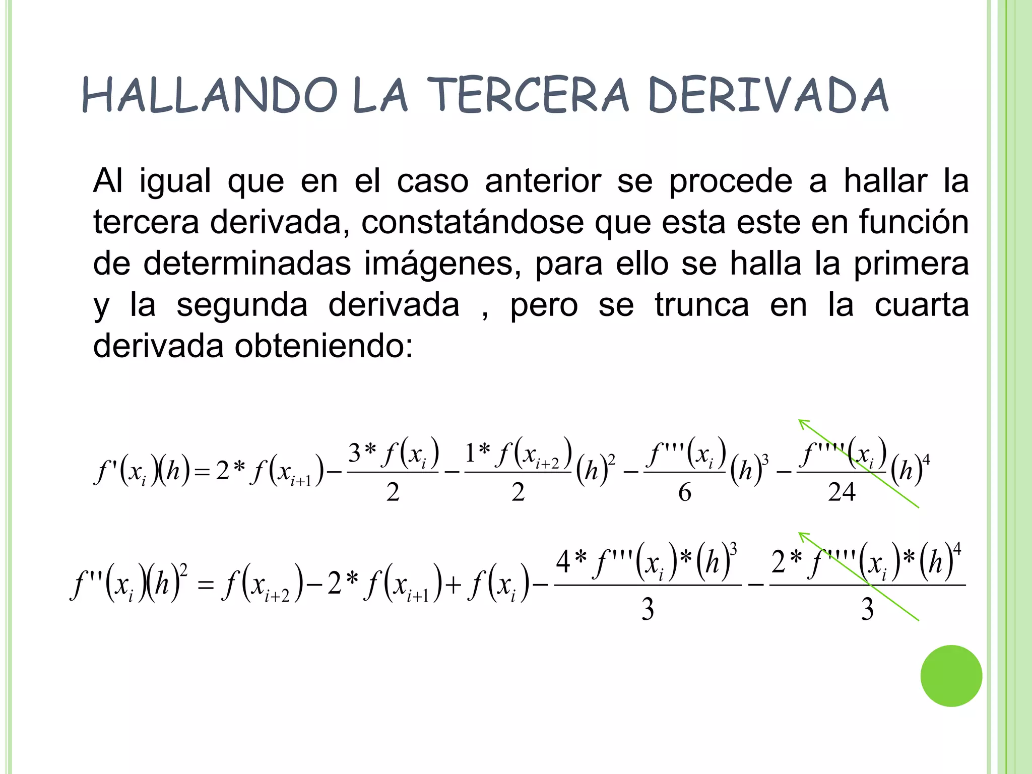 HALLANDO LA TERCERA DERIVADA	Al igual que en el caso anterior se procede a hallar la tercera derivada, constatándose que esta este en función de determinadas imágenes, para ello se halla la primera y la segunda derivada , pero se trunca en la cuarta derivada obteniendo: