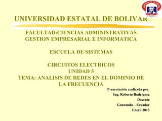 UNIVERSIDAD ESTATAL DE BOLIVAR
  FACULTAD:CIENCIAS ADMINISTRATIVAS
  GESTION EMPRESARIAL E INFORMATICA

          ESCUELA DE SISTEMAS

         CIRCUITOS ELECTRICOS
                UNIDAD 5
TEMA: ANALISIS DE REDES EN EL DOMINIO DE
            LA FRECUENCIA
                            Presentación realizada por:
                               Ing. Roberto Rodríguez
                                               Docente
                                  Guaranda – Ecuador
                                            Enero 2013
 