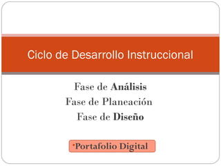 Ciclo de Desarrollo Instruccional
Fase de Análisis
Fase de Planeación
Fase de Diseño
•Portafolio Digital

 