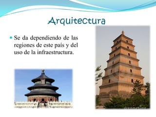 Arquitectura
 Se da dependiendo de las
regiones de este país y del
uso de la infraestructura.
 