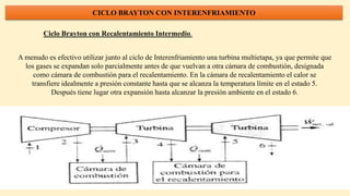 CICLO BRAYTON CON INTERENFRIAMIENTO
A menudo es efectivo utilizar junto al ciclo de Interenfriamiento una turbina multietapa, ya que permite que
los gases se expandan solo parcialmente antes de que vuelvan a otra cámara de combustión, designada
como cámara de combustión para el recalentamiento. En la cámara de recalentamiento el calor se
transfiere idealmente a presión constante hasta que se alcanza la temperatura límite en el estado 5.
Después tiene lugar otra expansión hasta alcanzar la presión ambiente en el estado 6.
Ciclo Brayton con Recalentamiento Intermedio.
 