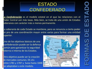 FORMAS DE ESTADO La  Confederación   es el modelo estatal en el que las relaciones con el Poder Central son más laxas. Más...