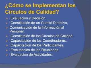 ¿Cómo se Implementan los 
Círculos de Calidad? 
 Evaluación y Decisión. 
 Constitución de un Comité Directivo. 
 Comunicación de la Información al 
Personal. 
 Constitución de los Círculos de Calidad. 
 Capacitación de los Coordinadores. 
 Capacitación de los Participantes. 
 Frecuencias de las Reuniones. 
 Evaluación de Actividades. 
 
