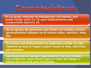 Es un grupo reducido de trabajadores voluntarios, que 
puede oscilar entre 3 y 15, pero habitualmente está 
comprendido entre 6 y 10. 
Es un grupo de personas que tienen un trabajo común, 
generalmente trabajan en el mismo taller, sección, área, 
etc. 
Se reúnen periódicamente en sesiones cortas, lo más 
habitual es que lo hagan cuatro veces al mes, una hora 
por semana. 
Las reuniones se realizan regularmente y no solo cuando 
hay problemas, estas tienen lugar en horas de trabajo, o 
fueran de la jornada pero retribuidas, 
 