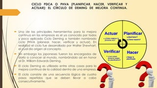 CICLO PDCA O PHVA (PLANIFICAR, HACER, VERIFICAR Y
ACTUAR): EL CÍRCULO DE DEMING DE MEJORA CONTINUA.
 Una de las principales herramientas para la mejora
continua en las empresas es el ya conocido por todos
y poco aplicado Ciclo Deming o también nombrado
ciclo PHVA (planear, hacer, verificar y actuar). En
realidad el ciclo fue desarrollado por Walter Shewhart,
el cual dio origen al concepto.
 Sin embargo los japoneses fueron los encargados de
darlo a conocer al mundo, nombrándolo así en honor
al Dr. William Edwards Deming.
 El ciclo Deming es utilizado entre otras cosas para la
mejora continua de la calidad dentro de una empresa.
 El ciclo consiste de una secuencia lógica de cuatro
pasos repetidos que se deben llevar a cabo
consecutivamente.
 