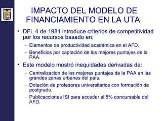 IMPACTO DEL MODELO DE FINANCIAMIENTO EN LA UTA  DFL 4 de 1981 introduce criterios de competitividad por los recursos basado en: Elementos de productividad académica en el AFD. Beneficios por captación de los mejores puntajes de la PAA. Este modelo mostró inequidades derivadas de: Centralizacion de los mejores puntajes de la PAA en las grandes zonas urbanas del país. Dotación de profesores universitarios con formación de postgrado. Publicacciones ISI para acceder al 5% concursable del AFD.  