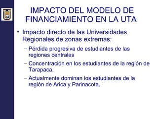 IMPACTO DEL MODELO DE FINANCIAMIENTO EN LA UTA  Impacto directo de las Universidades Regionales de zonas extremas: Pérdida progresiva de estudiantes de las regiones centrales Concentración en los estudiantes de la región de Tarapaca. Actualmente dominan los estudiantes de la región de Arica y Parinacota. 