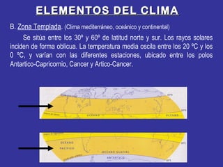 ELEMENTOS DEL CLIMAELEMENTOS DEL CLIMA
B. Zona Templada. (Clima mediterráneo, oceánico y continental)
Se sitúa entre los 30º y 60º de latitud norte y sur. Los rayos solares
inciden de forma oblicua. La temperatura media oscila entre los 20 ºC y los
0 ºC, y varían con las diferentes estaciones, ubicado entre los polos
Antartico-Capricornio, Cancer y Artico-Cancer.
 