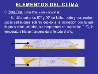 ELEMENTOS DEL CLIMAELEMENTOS DEL CLIMA
C. Zona Fría. (Clima Polar y altas montañas)
Se sitúa entre los 60º y 90º de latitud norte y sur, reciben
pocas radiaciones solares debido a la inclinación con la que
llegan a estas latitudes, su temperatura no supera los 0 ºC, la
temperatura fría se mantiene durante todo el año.
 