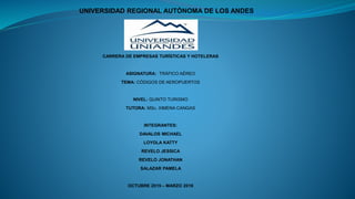 UNIVERSIDAD REGIONAL AUTÒNOMA DE LOS ANDES
CARRERA DE EMPRESAS TURÍSTICAS Y HOTELERAS
ASIGNATURA: TRÁFICO AÉREO
TEMA: CÓDIGOS DE AEROPUERTOS
NIVEL: QUINTO TURISMO
TUTORA: MSc. XIMENA CANGAS
INTEGRANTES:
DAVALOS MICHAEL
LOYOLA KATTY
REVELO JESSICA
REVELO JONATHAN
SALAZAR PAMELA
OCTUBRE 2015 – MARZO 2016
 