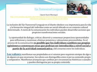 Eje Transversal Lenguaje
(Aporte Karen Manrique)
http://www.creadess.org/index.php/informate/de-interes/temas-de-interes/13949-los-ejes-transversales-como-
instrumento-pedagogico-para-la-formacion-de-valores
La inclusión del Eje Transversal Lenguaje en el diseño obedece a su importancia para la vida
y la formación integral del individuo como ser social ubicado en un contexto cultural
determinado. A través de la comunicación los individuos pueden desarrollar acciones que
propicien transformaciones sociales.
La oportunidad de dialogar, criticar, discernir y consensuar proporciona oportunidades
para reflexionar y cuestionar, eliminar prejuicios y valoraciones preconcebidas. En el
proceso de la comunicación es posible que los individuos cambien sus propias
opiniones o construyan otras que podrían ser introducidas a nivel social a
partir de la actividad comunicativa y del consenso entre los individuos.
Los valores manifiestan sus propiedades en sí mismos pero requieren siempre de algo o
de alguien en que encarnarse; los valores son distinguibles entre sí por su contenido propio
y comparativo. Manifiestan jerarquías que cambian por circunstancias históricas o causales
y pueden distinguirse por su propio contenido.
 