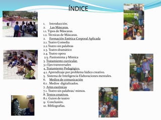 ÍNDICE
1. Introducción.
2. Las Máscaras.
1.1. Tipos de Máscaras.
1.2. Técnicas de Máscaras.
2. Formación Estética Corporal Aplicada
2.1. Teatro Comedia
2.2.Teatro sin palabras
2.3. Teatro dramático
2.4. Teatro opera
2.5. Pantomima y Mímica
3. Tratamiento curricular.
3.1 Ejes transversales
4. Tratamiento Pedagógico.
4.1. Aprendizaje por problema lúdico creativo.
5. Sistema de Inteligencia Elaboraciones mentales.
6. Medios de comunicación
6.1 . Medios digitalizados.
7. Artes escénicas
7.1. Teatro sin palabras/ mimos.
8. Textos creativos.
8.1. Guion de teatro
9. Conclusión.
10. Bibliografías.
 