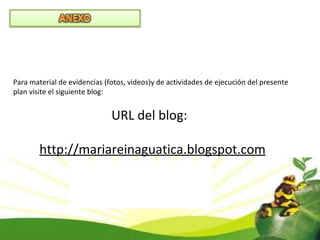 Para material de evidencias (fotos, videos)y de actividades de ejecución del presente plan visite el siguiente blog: URL del blog:  http://mariareinaguatica.blogspot.com 