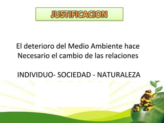 El deterioro del Medio Ambiente hace  Necesario el cambio de las relaciones  INDIVIDUO- SOCIEDAD - NATURALEZA 