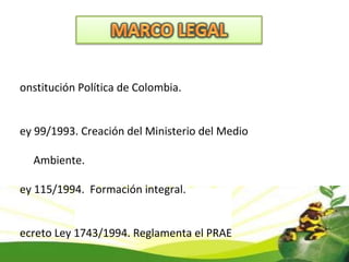 Constitución Política de Colombia. Ley 99/1993. Creación del Ministerio del Medio  Ambiente. Ley 115/1994.  Formación integral. Decreto Ley 1743/1994. Reglamenta el PRAE Plan Decenal del Medio Ambiente. Asesoría del COMEDA 