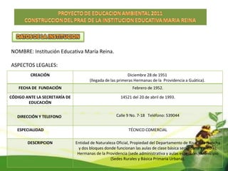 NOMBRE: Institución Educativa María Reina. ASPECTOS LEGALES:  CREACIÓN Diciembre 28 de 1951  (llegada de las primeras Hermanas de la  Providencia a Guática).  FECHA DE  FUNDACIÓN Febrero de 1952. CÓDIGO ANTE LA SECRETARÍA DE EDUCACIÓN 14521 del 20 de abril de 1993. DIRECCIÓN Y TELEFONO Calle 9 No. 7-18  Teléfono: 539044 ESPECIALIDAD TÉCNICO COMERCIAL DESCRIPCION Entidad de Naturaleza Oficial, Propiedad del Departamento de Risaralda (cancha y dos bloques donde funcionan las aulas de clase básica secundaria y media); Hermanas de la Providencia (sede administrativa y aulas especiales);Municipio (Sedes Rurales y Básica Primaria Urbana). 