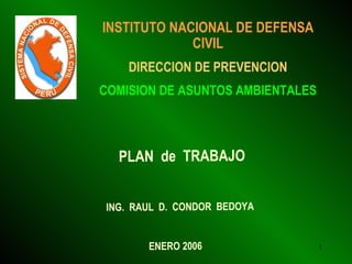 INSTITUTO NACIONAL DE DEFENSA CIVIL DIRECCION DE PREVENCION COMISION DE ASUNTOS AMBIENTALES PLAN  de  TRABAJO  ING.  RAUL  D.  CONDOR  BEDOYA ENERO 2006 