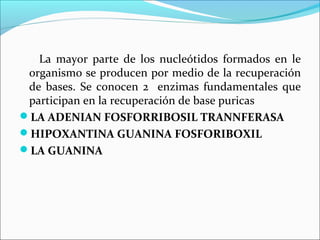 La mayor parte de los nucleótidos formados en le
 organismo se producen por medio de la recuperación
 de bases. Se conocen 2 enzimas fundamentales que
 participan en la recuperación de base puricas
LA ADENIAN FOSFORRIBOSIL TRANNFERASA
HIPOXANTINA GUANINA FOSFORIBOXIL
LA GUANINA
 